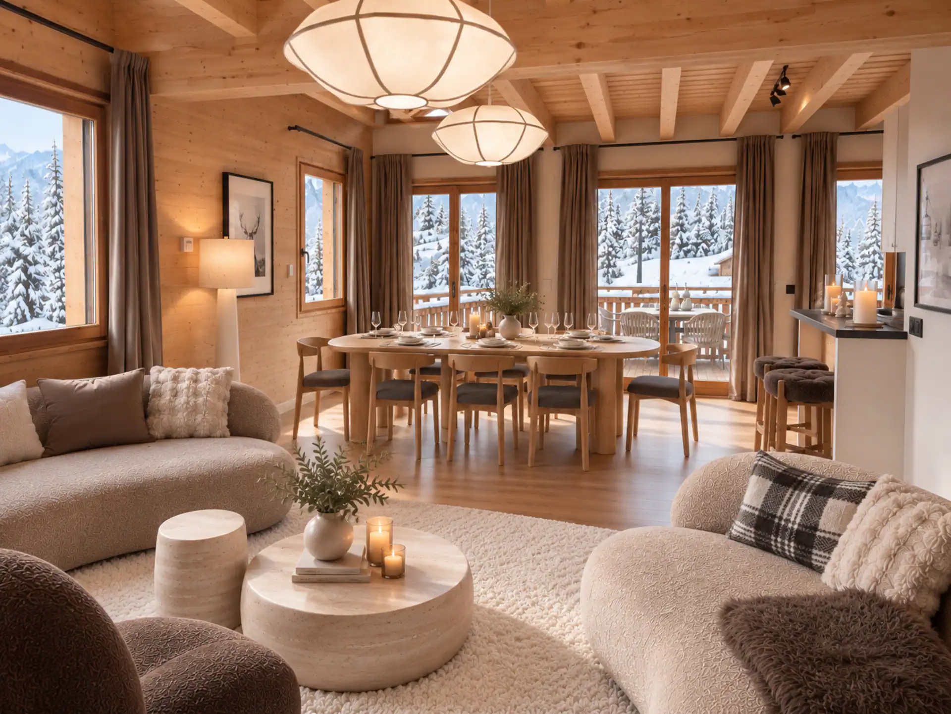 Séjour lumineux du chalet, poutres en bois et grandes baies sur les sapins enneigés